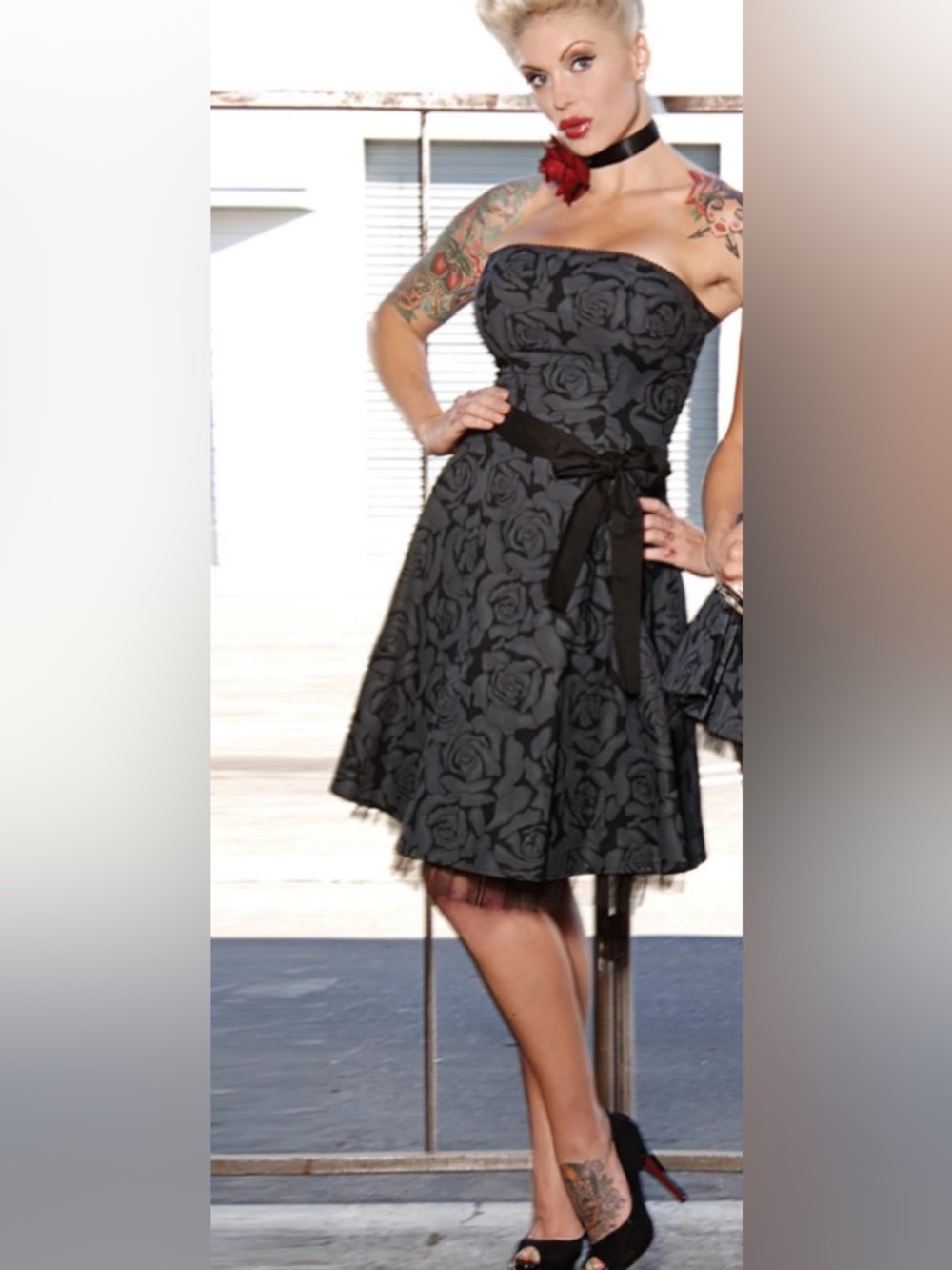 Folter Black Rose Strapless Dress Fit & Flare Gothic Rockabilly XL NWT
